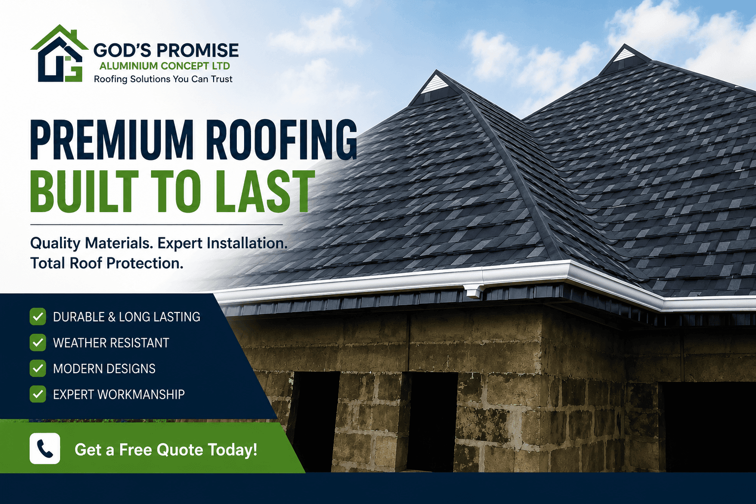 Completed black and white Shingle Gerard roofing project in Ajah, Lagos State, Nigeria by God’s Promise Aluminium Concept Ltd.