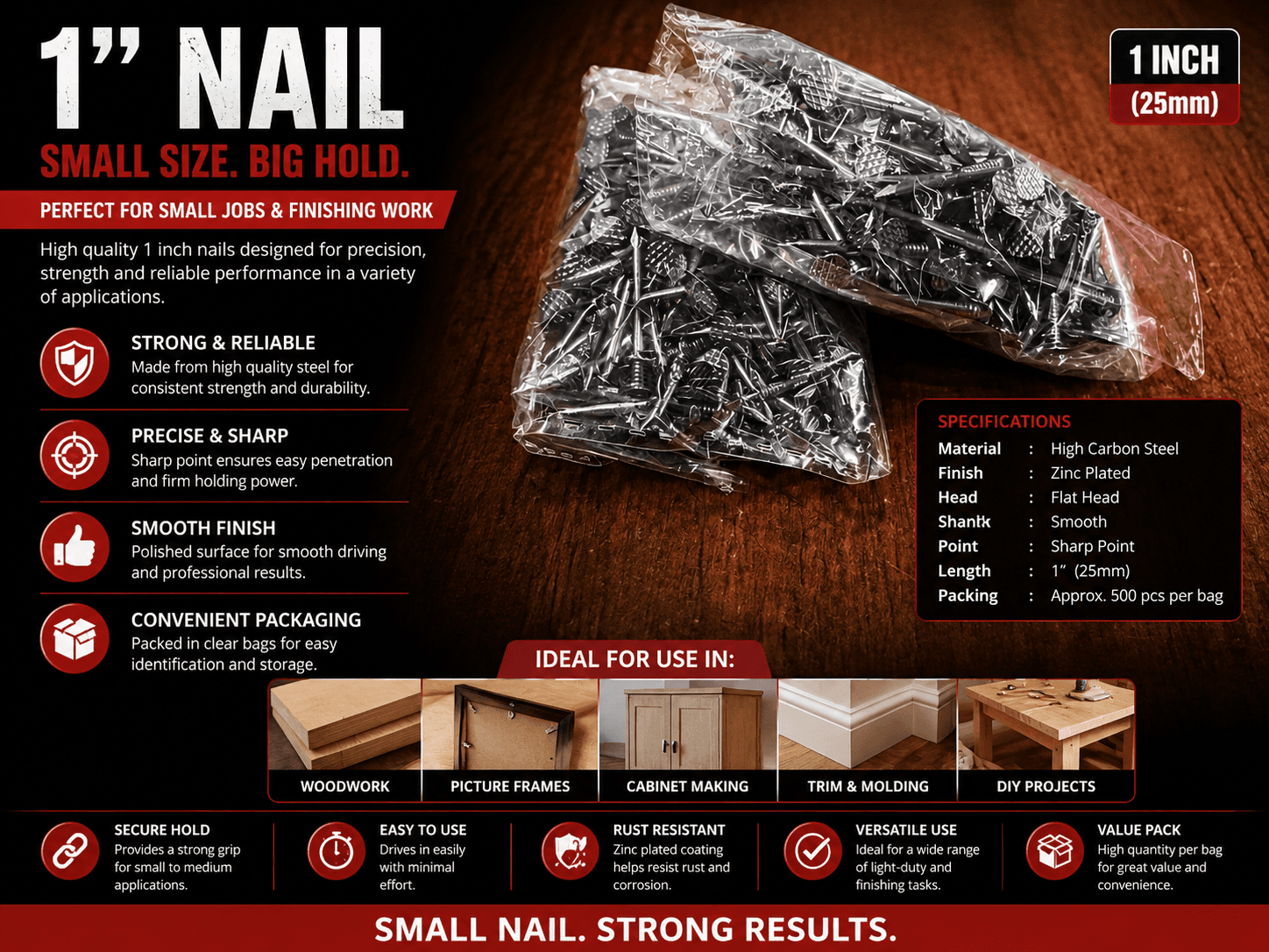 1 inch zinc plated nails in clear bags, approximately 500 pieces per bag