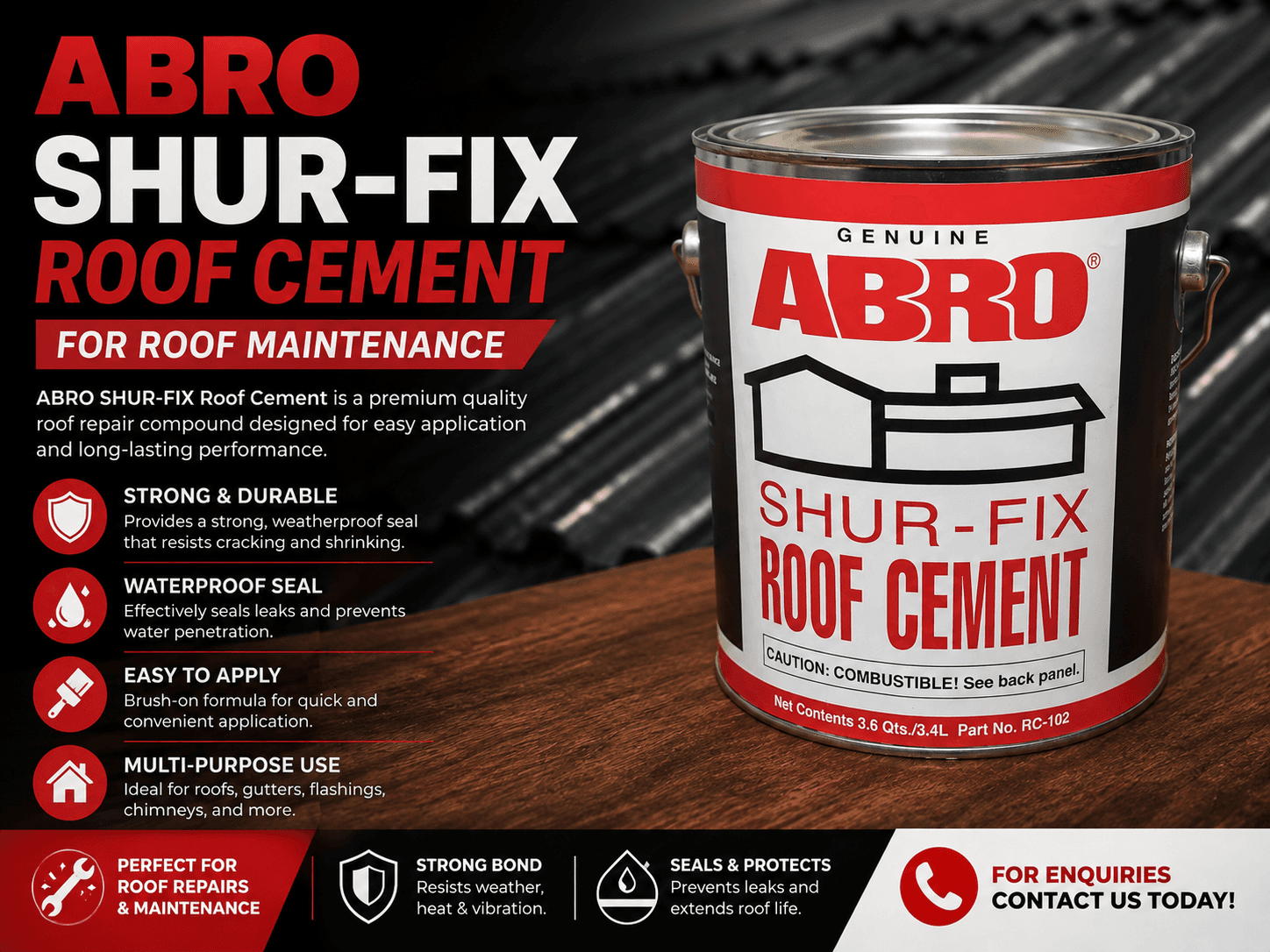 ABRO Shur-Fix roof cement 3.4L tin for roof repair and maintenance