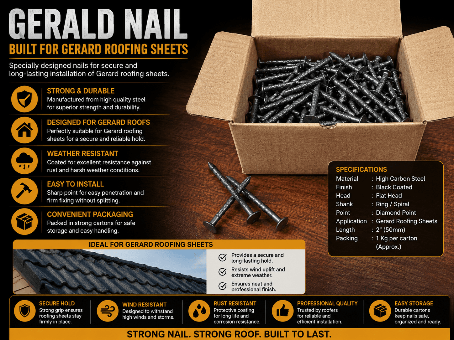 Gerard nails — black coated 2 inch ring shank nails for Gerard stone-coated roofing sheets
