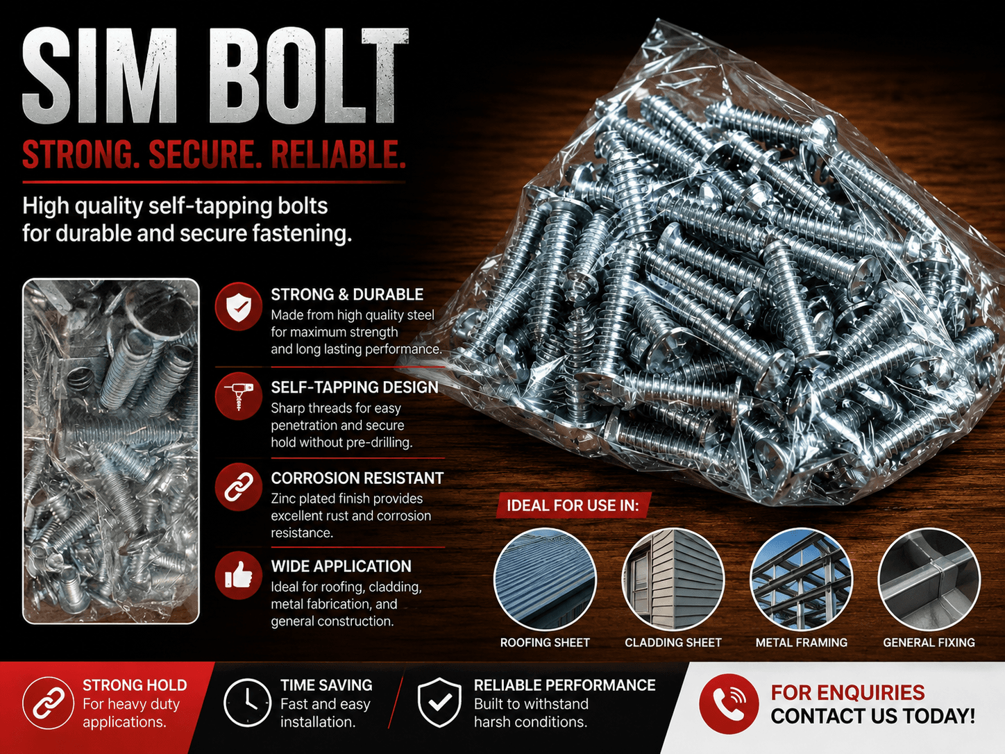 Sim bolts — zinc plated self-tapping bolts for roofing and cladding sheets