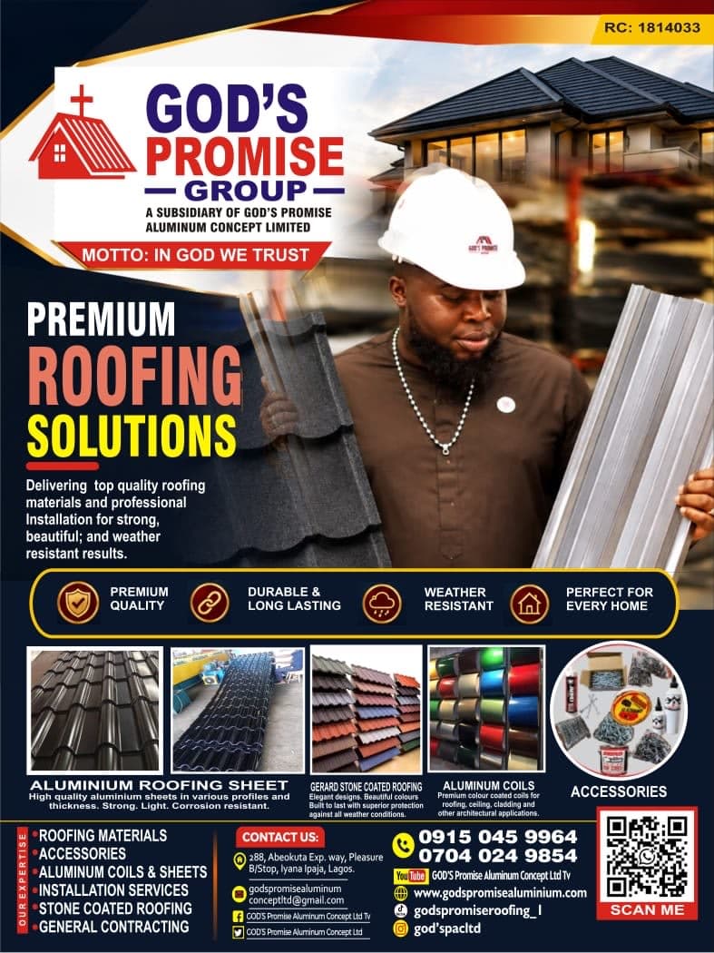 God’s Promise Group premium roofing solutions featuring aluminium roofing sheets, stone-coated roofing, aluminium coils and roofing accessories in Nigeria.