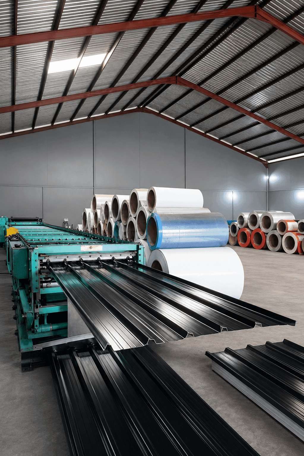 Long span aluminium roofing sheets being produced from aluminium coils for supply by God’s Promise Group in Lagos, Nigeria.