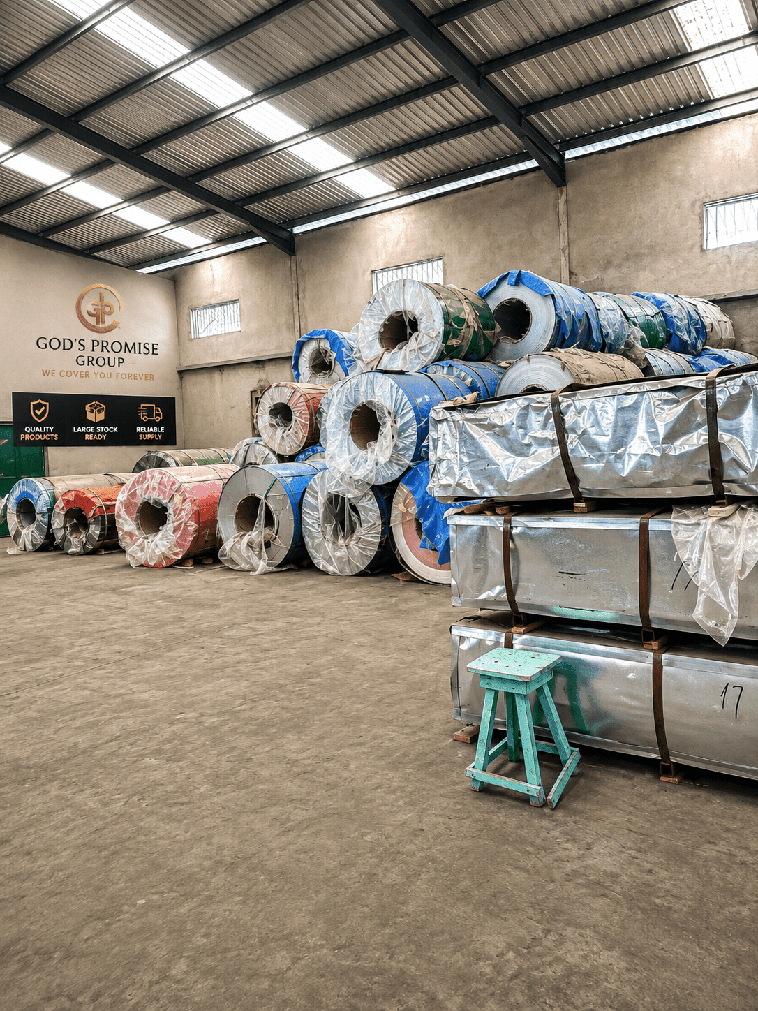 Aluminium roofing materials and coils in stock at God’s Promise Group warehouse in Lagos, Nigeria